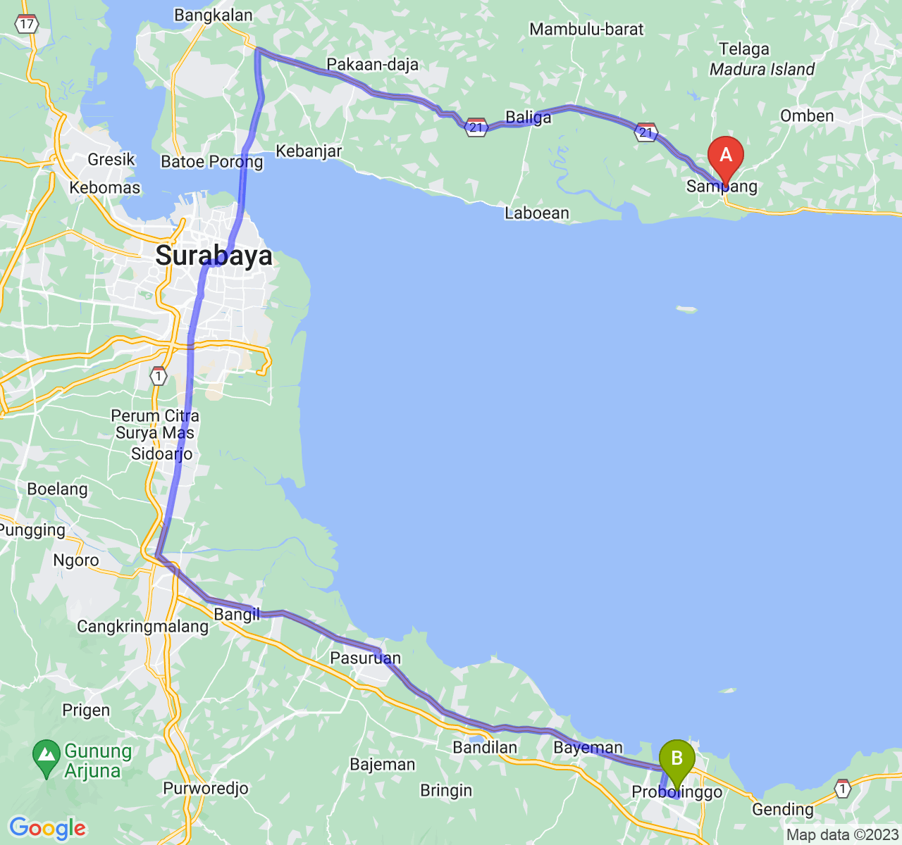 rute perjalanan Kab. Sampang-Kota Probolinggo