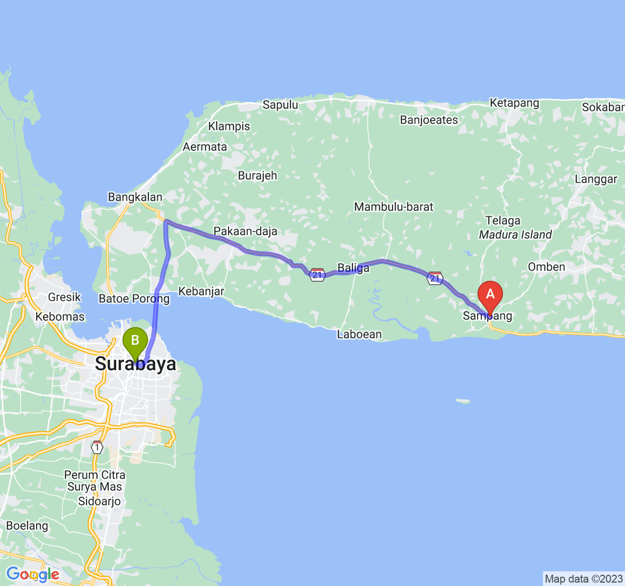 rute perjalanan Kab. Sampang-Kota Surabaya