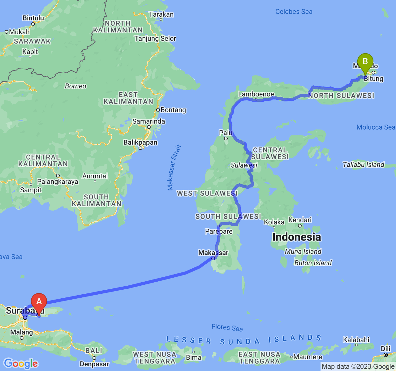 rute perjalanan Kab. Sampang-Kota Tomohon