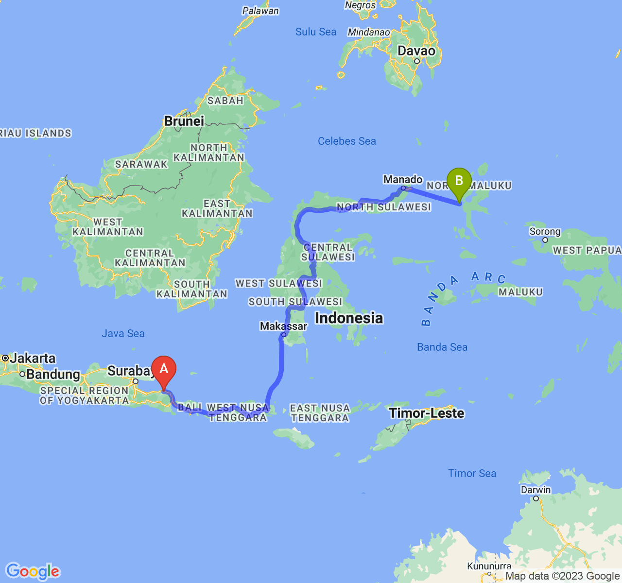 rute perjalanan Kab. Situbondo-Kota Ternate