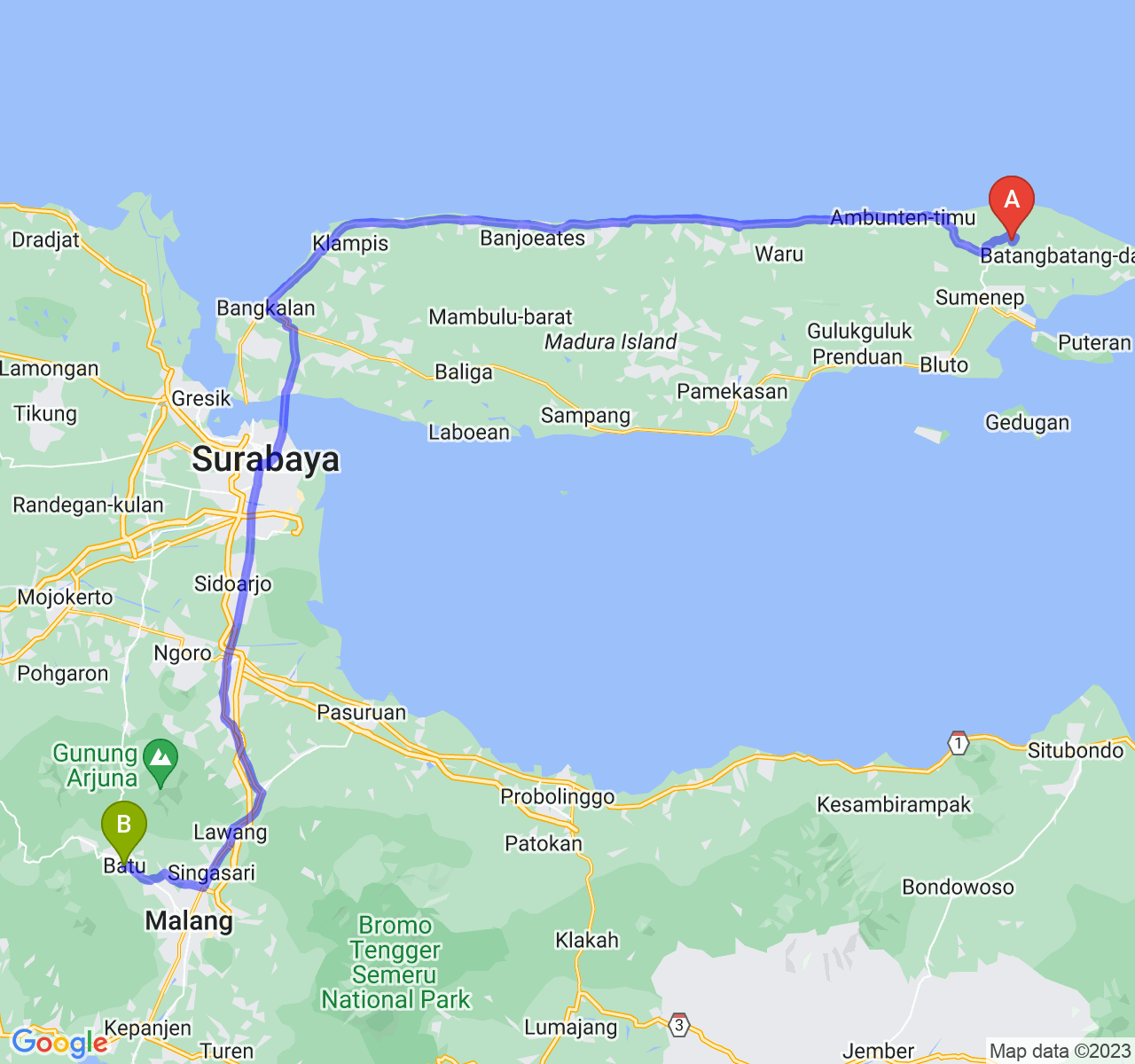 rute perjalanan Kab. Sumenep-Kota Batu