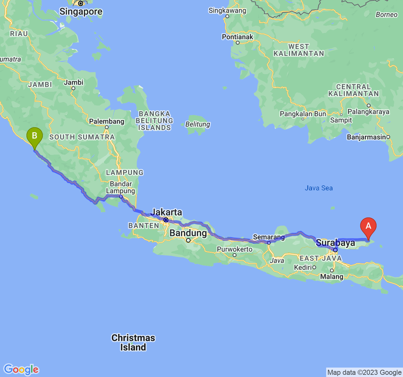 rute perjalanan Kab. Sumenep-Kota Bengkulu