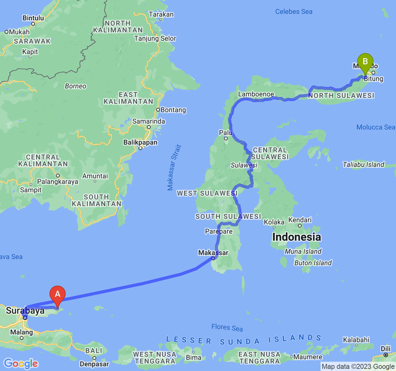 rute perjalanan Kab. Sumenep-Kota Tomohon