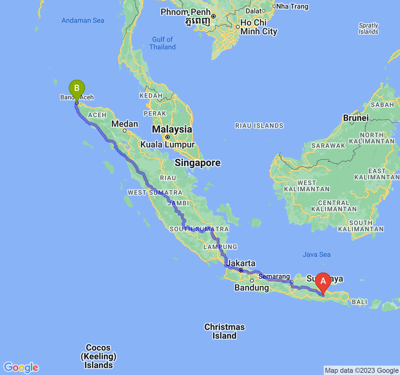 rute perjalanan Kota Malang-Kota Banda Aceh