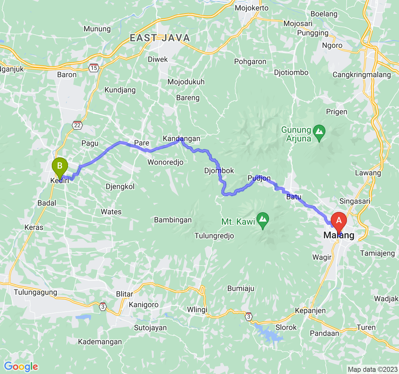 rute perjalanan Kota Malang-Kota Kediri