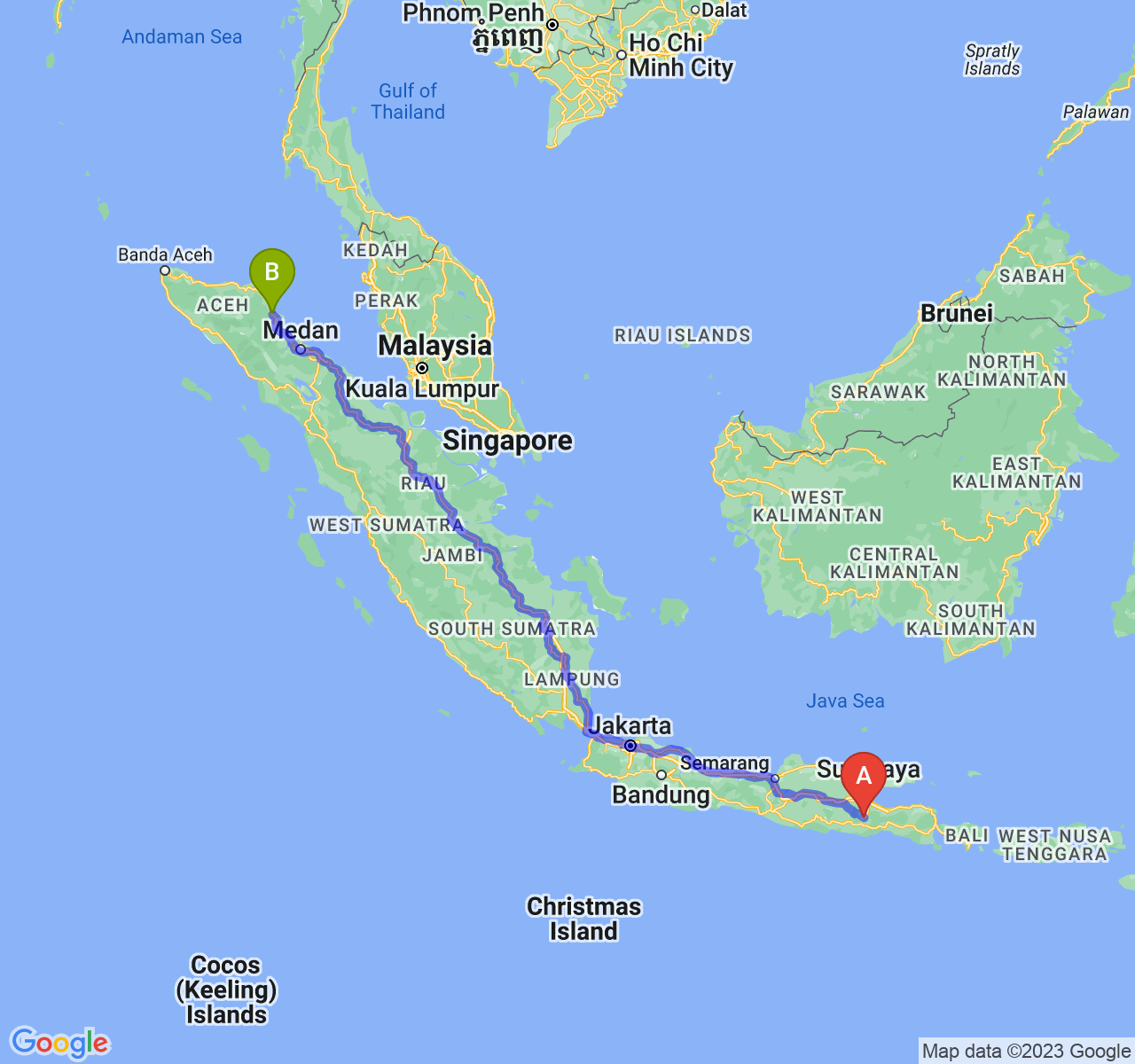 rute perjalanan Kota Malang-Kota Langsa