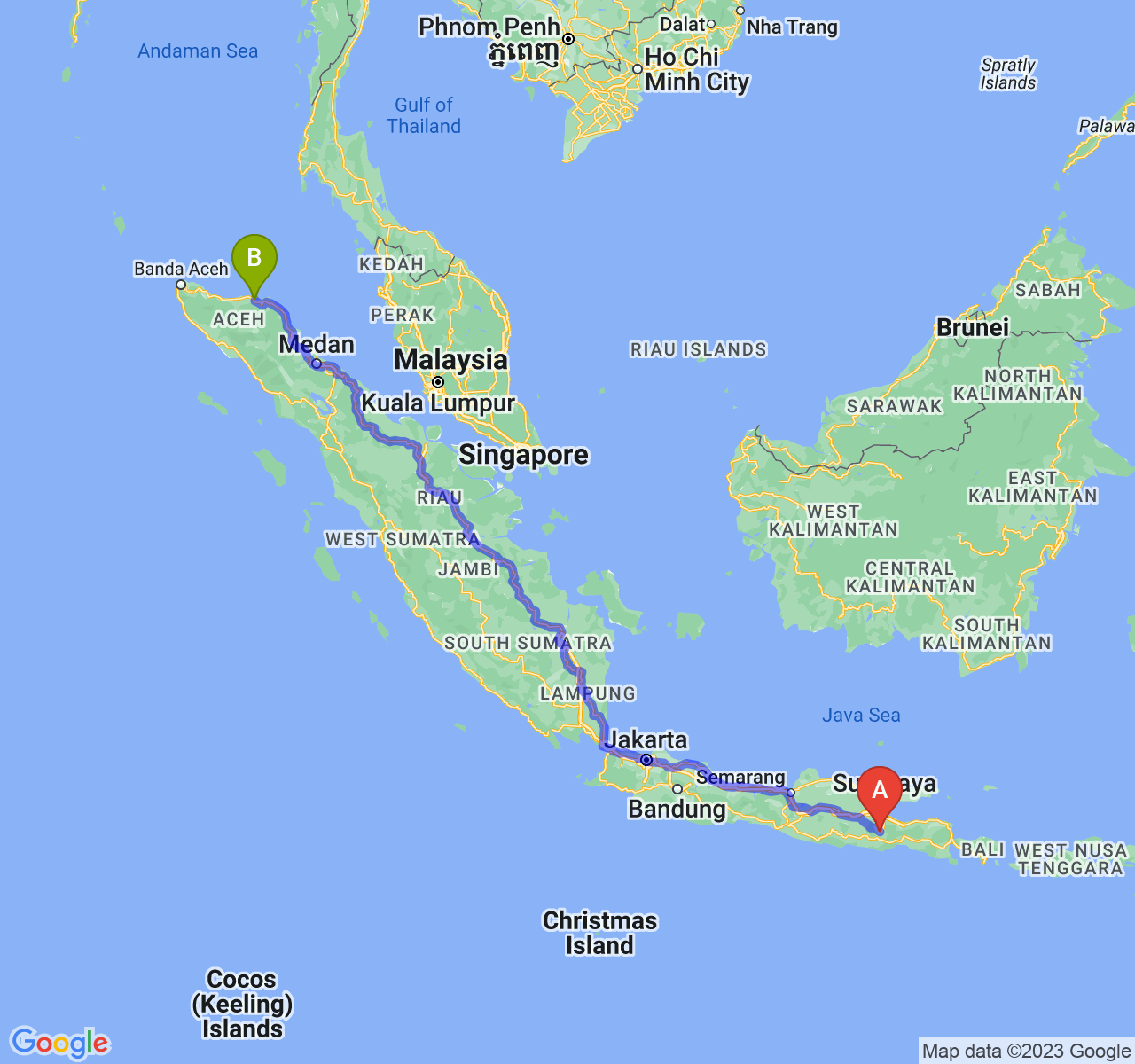 rute perjalanan Kota Malang-Kota Lhokseumawe