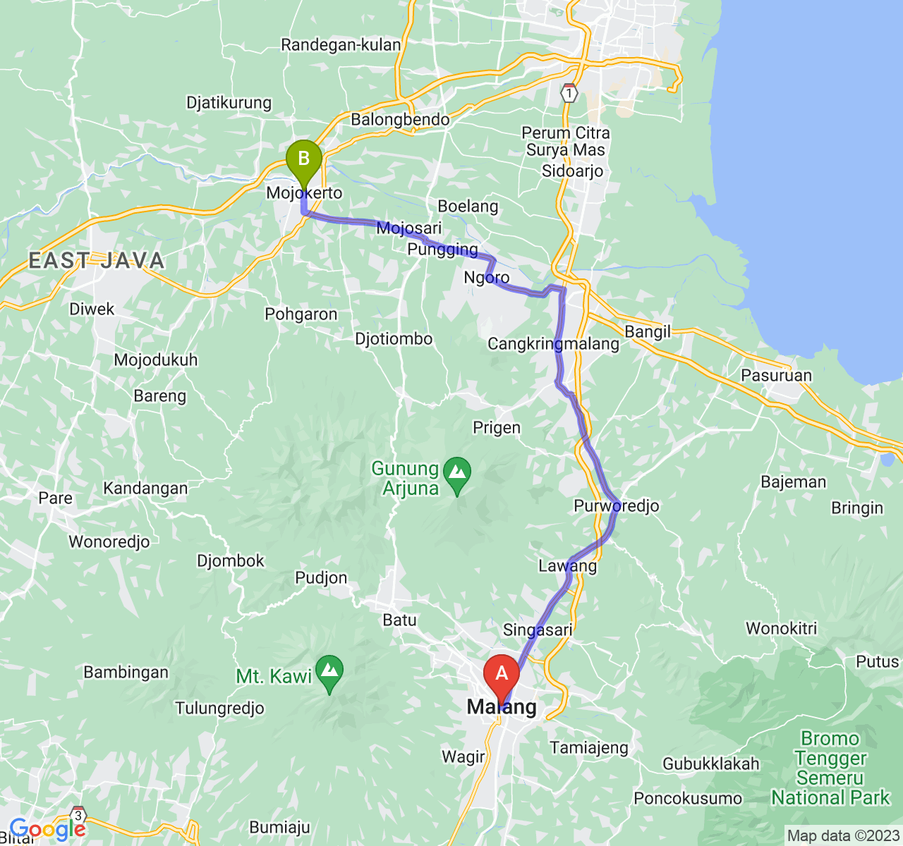 rute perjalanan Kota Malang-Kota Mojokerto