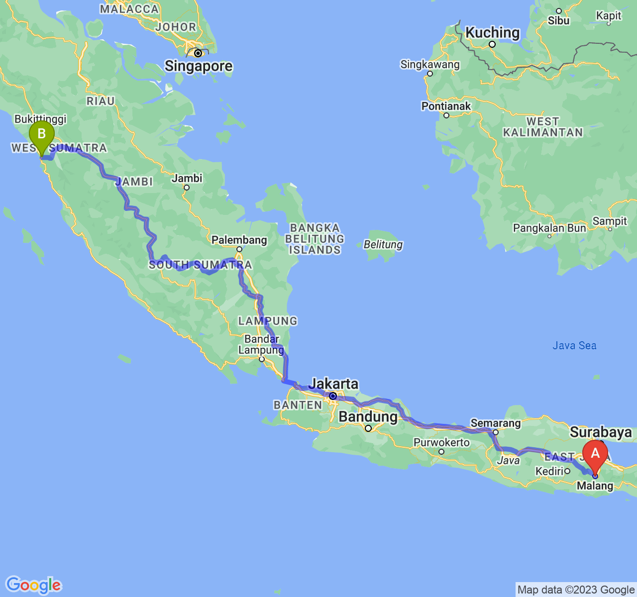 rute perjalanan Kota Malang-Kota Padang