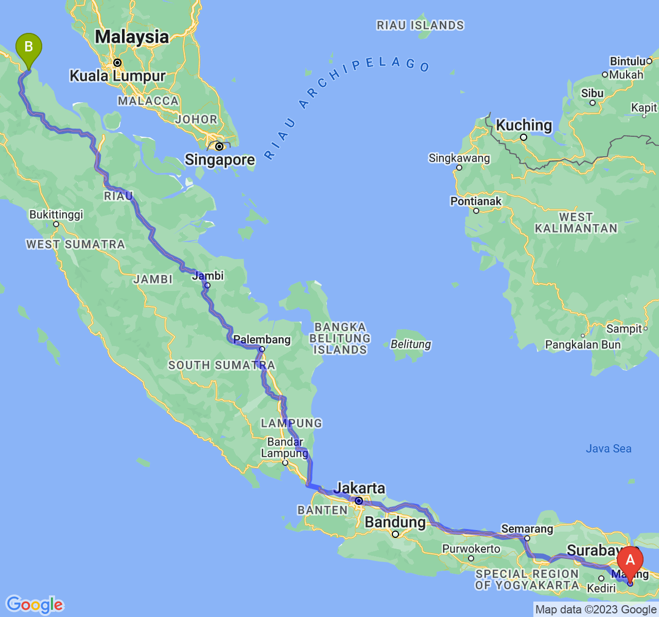 rute perjalanan Kota Malang-Kota Tanjung Balai