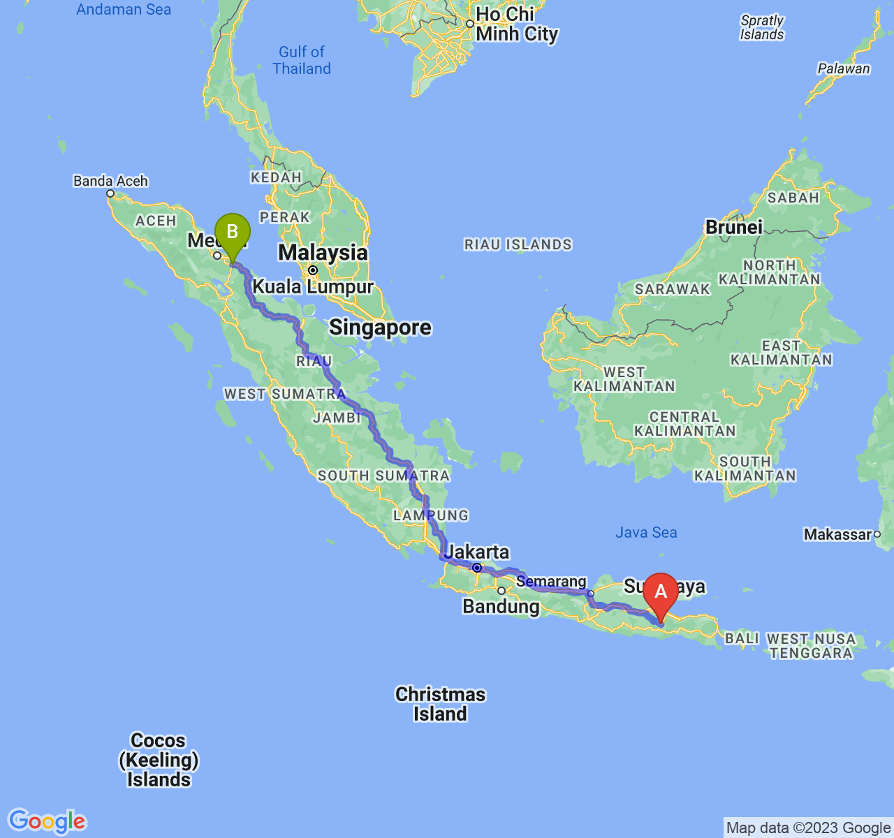 rute perjalanan Kota Malang-Kota Tebing Tinggi