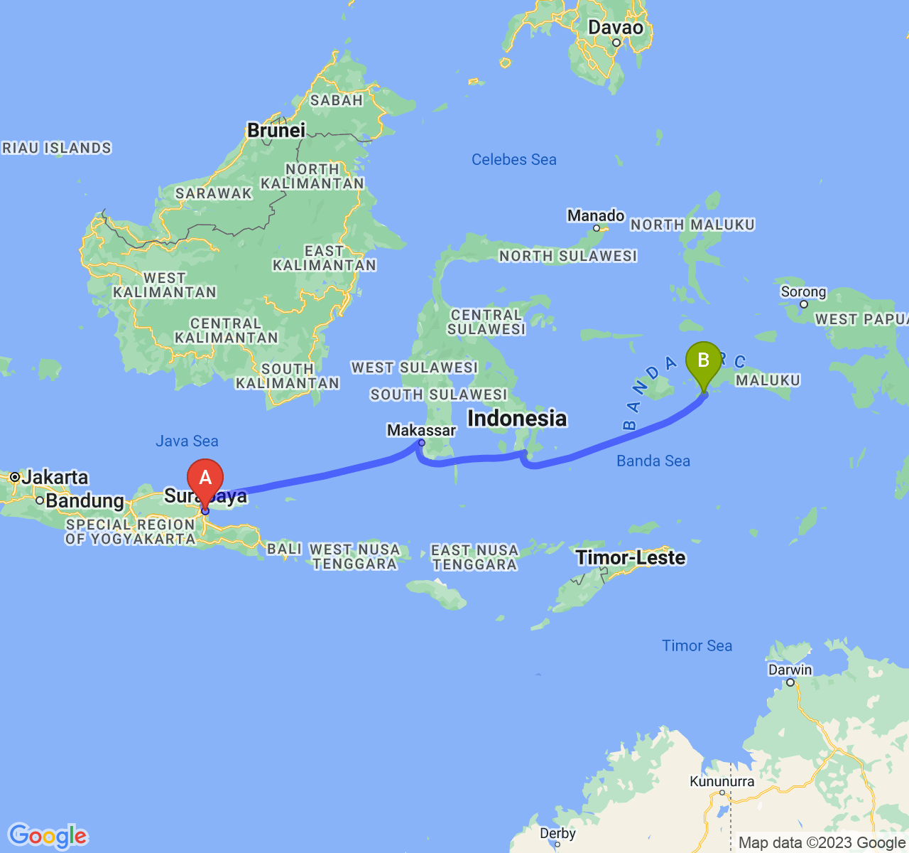 rute perjalanan Kota Surabaya-Kota Ambon