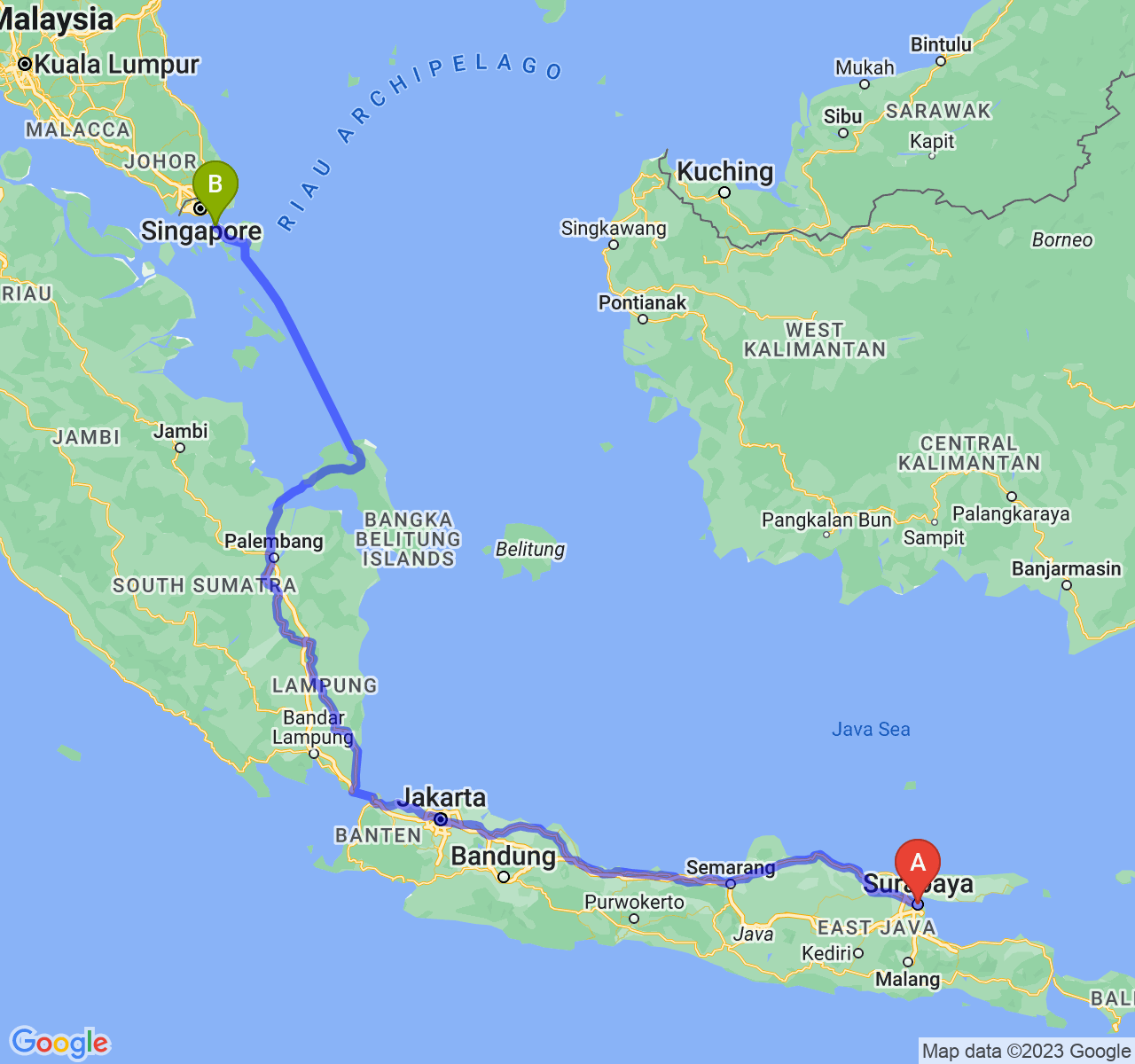 rute perjalanan Kota Surabaya-Kota Batam