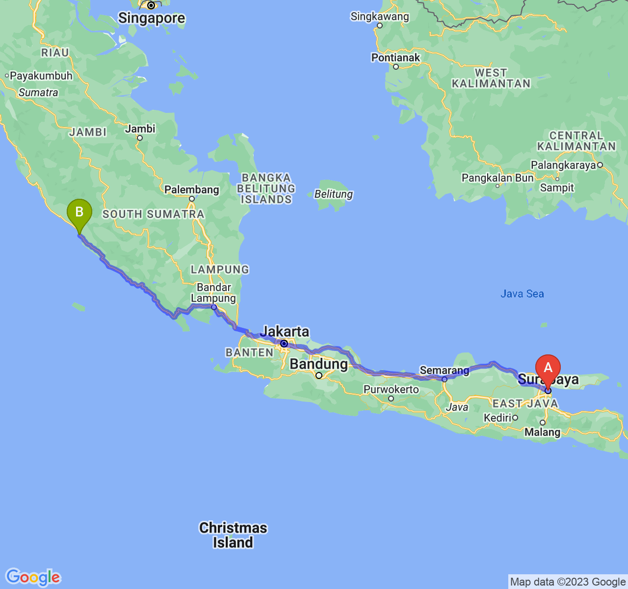 rute perjalanan Kota Surabaya-Kota Bengkulu