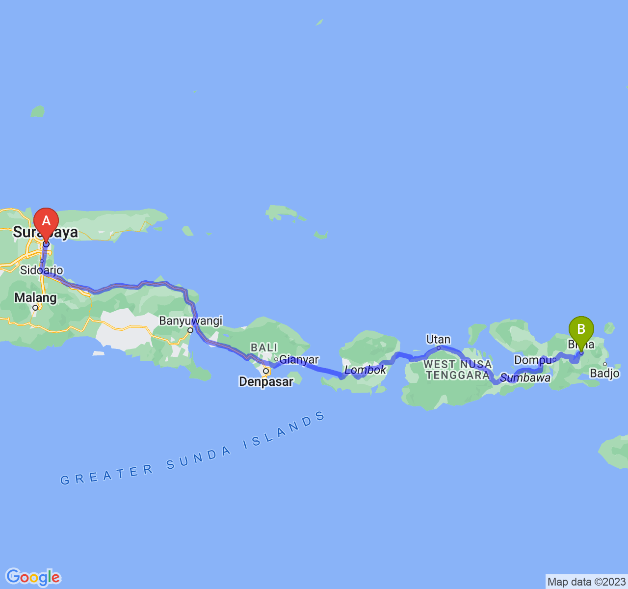 rute perjalanan Kota Surabaya-Kota Bima