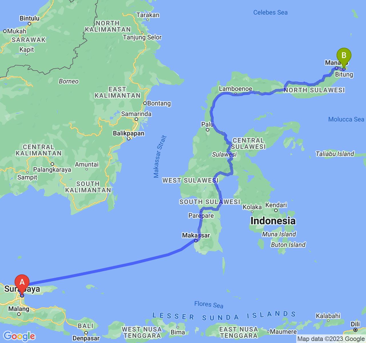 rute perjalanan Kota Surabaya-Kota Bitung