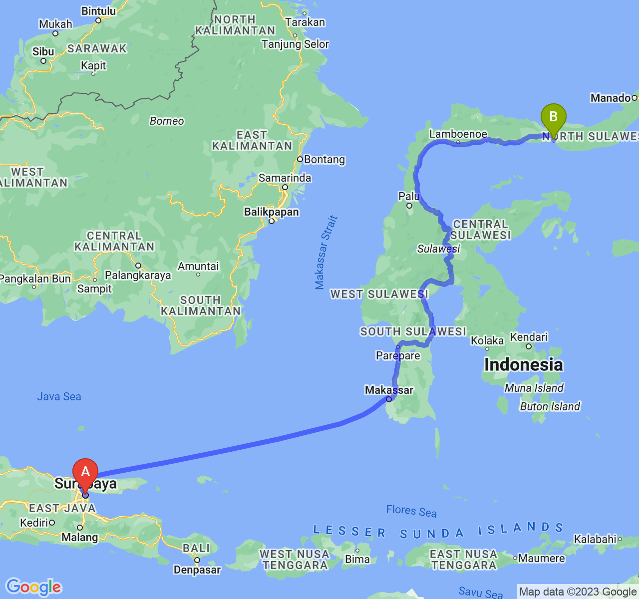 rute perjalanan Kota Surabaya-Kota Gorontalo