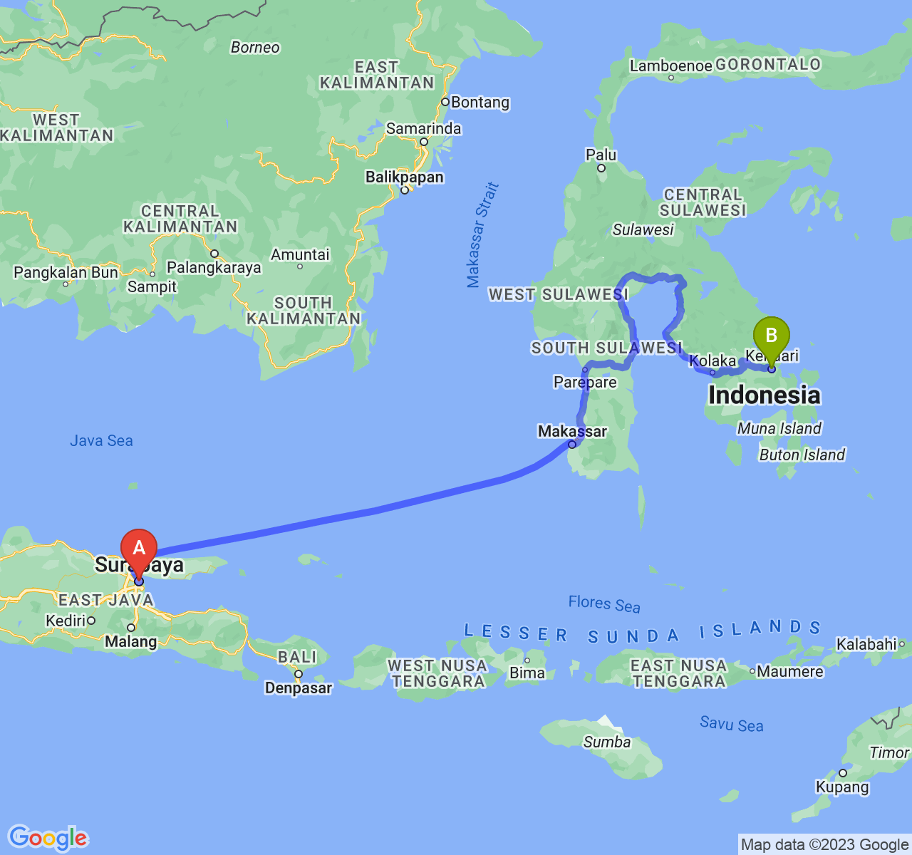 rute perjalanan Kota Surabaya-Kota Kendari