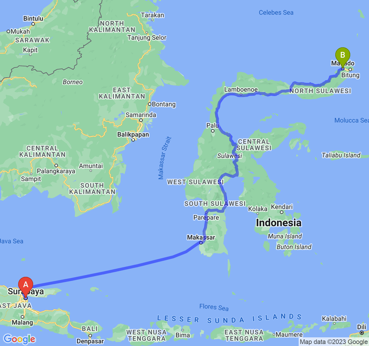 rute perjalanan Kota Surabaya-Kota Manado