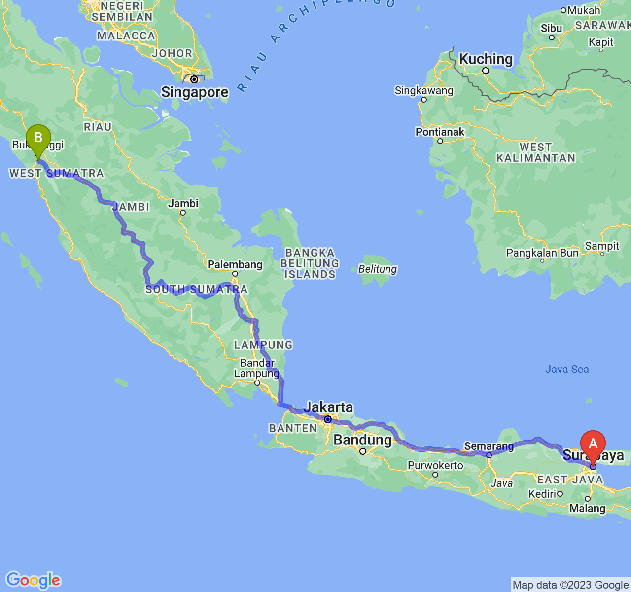 rute perjalanan Kota Surabaya-Kota Padang Panjang