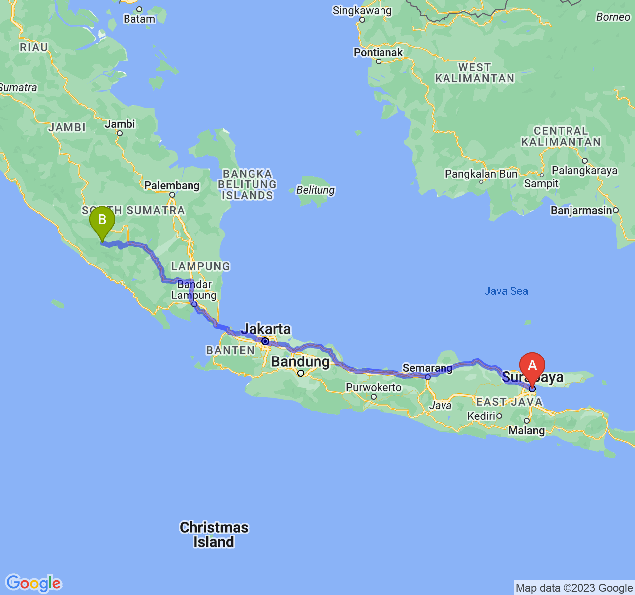 rute perjalanan Kota Surabaya-Kota Pagar Alam