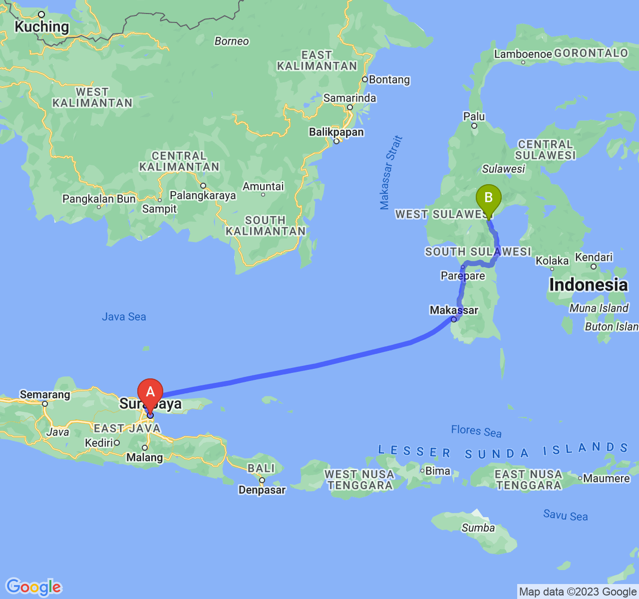 rute perjalanan Kota Surabaya-Kota Palopo