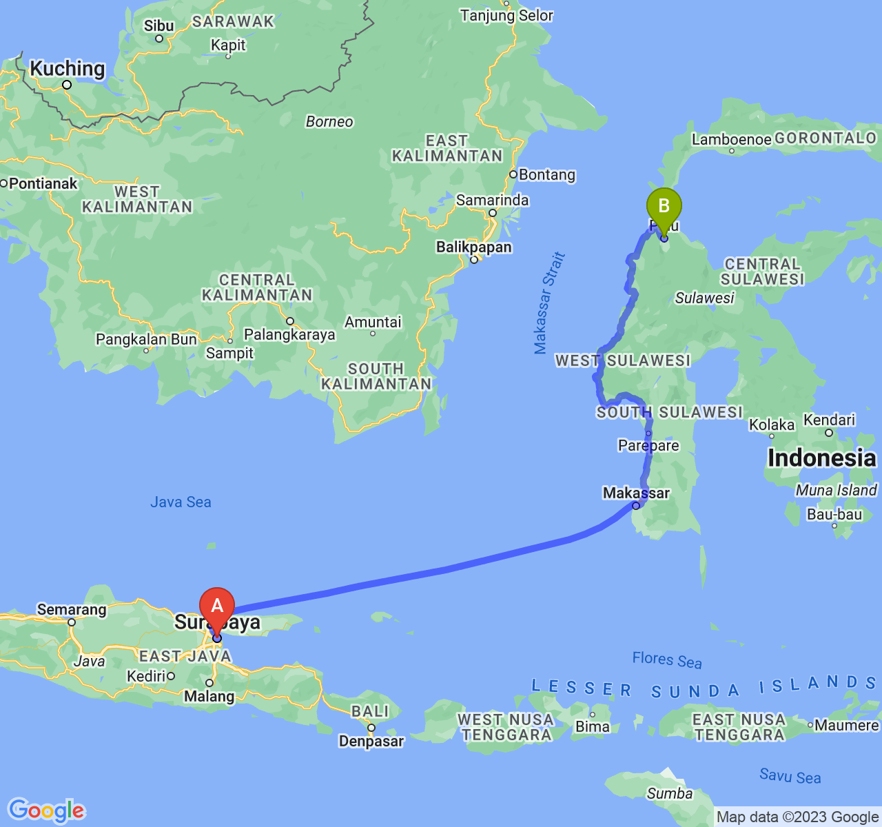 rute perjalanan Kota Surabaya-Kota Palu