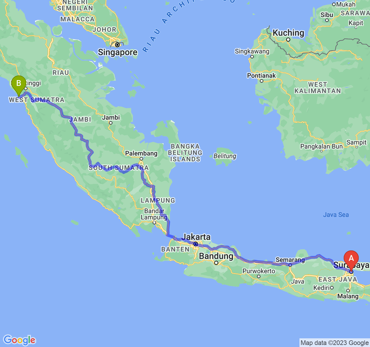 rute perjalanan Kota Surabaya-Kota Pariaman