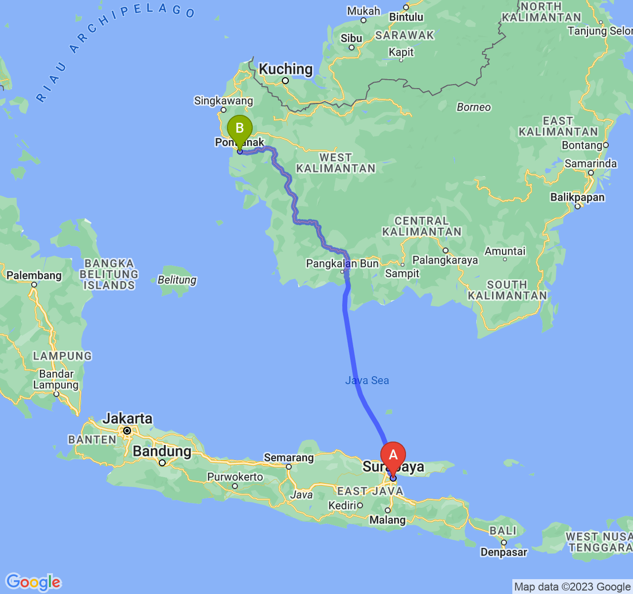 rute perjalanan Kota Surabaya-Kota Pontianak