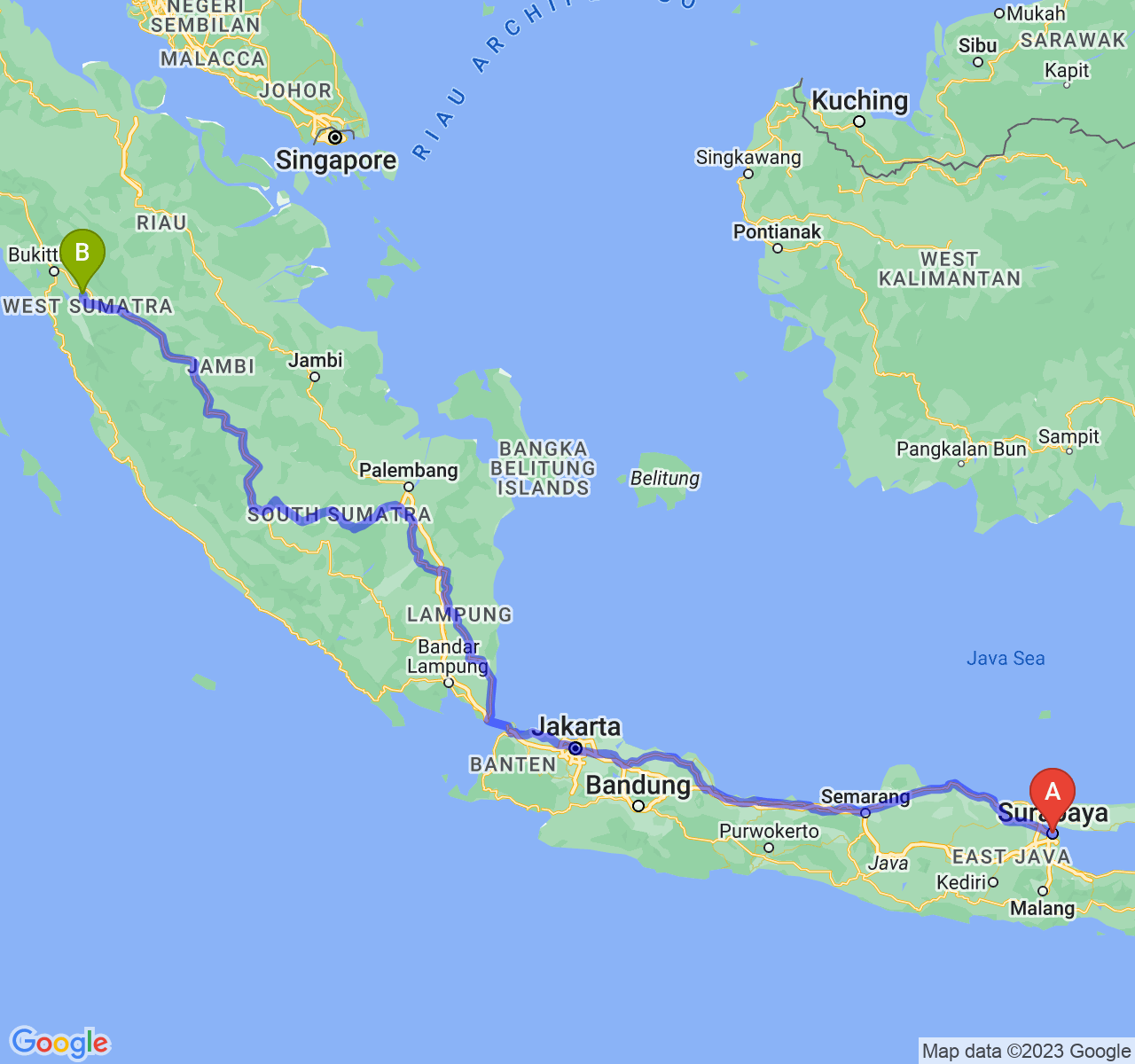 rute perjalanan Kota Surabaya-Kota Sawah Lunto