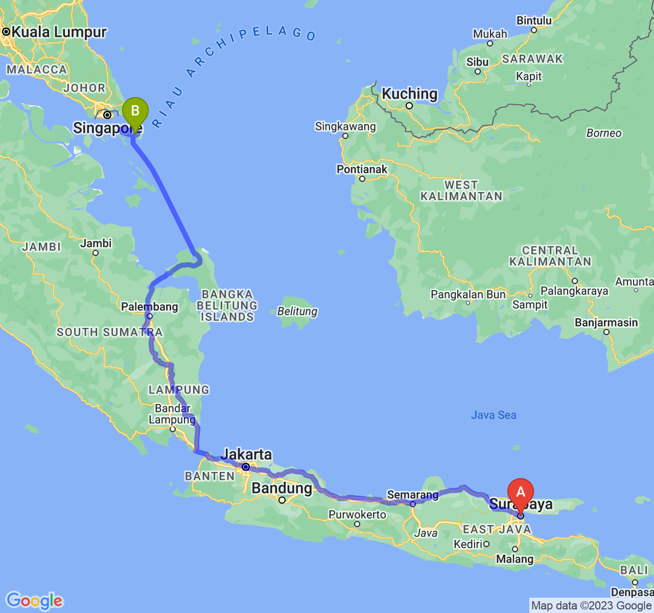 rute perjalanan Kota Surabaya-Kota Tanjungpinang