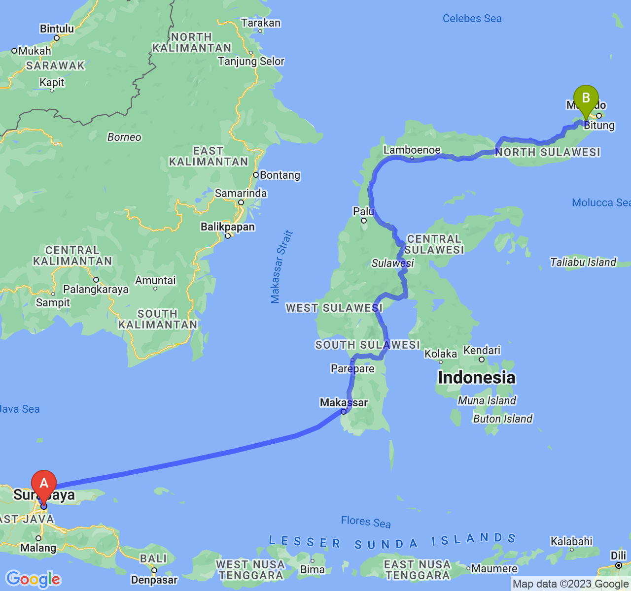 rute perjalanan Kota Surabaya-Kota Tomohon